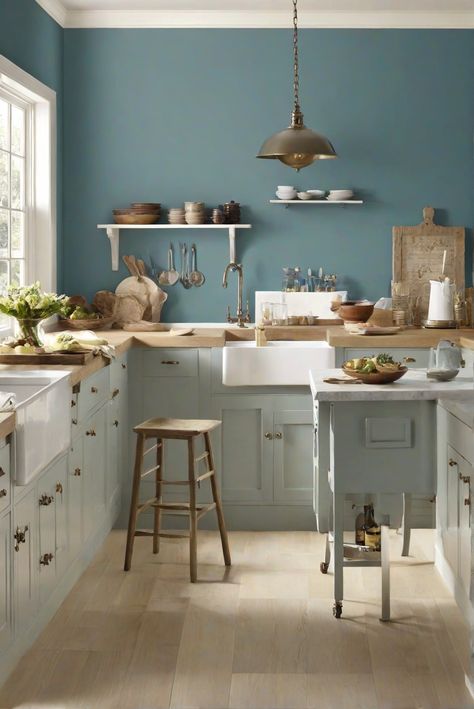 home decor interior design, interior bedroom design, kitchen designs, home paint colors Colors For Small Kitchen, Sherwin Williams Kitchen Paint Colors, Color Kitchen Walls, Kitchen Blue Walls, Kitchen Wall Paint, Cream Cabinet, Palladian Blue Benjamin Moore, Blue Kitchen Walls, Paint Guide