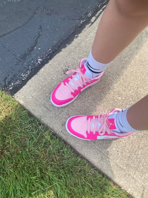 Hot Pink Nikes Shoes, Hot Pink Jordan 1 Outfit Women, Pink Air Jordan 1 Outfit Women, Fierce Pink Jordan 1 Outfit, Hot Pink Jordans Outfit, Pink Jordans 1, Black And Pink Jordans, Hot Pink Jordans, Pink Nike Shoes Outfit