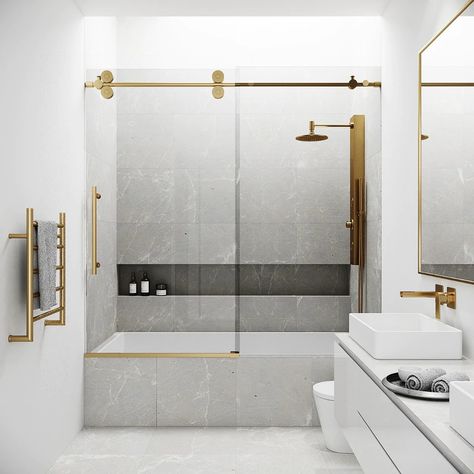 Gemello 60x66 Reversible Sliding Bathtub Door with Clear Glass in Brushed Gold | Tilebar.com Gold Shower Door, Bathroom Tub Shower, Bathtub Doors, Small Bathroom Makeover, Tub Doors, Bathroom Tub, Sliding Shower Door, Girls Bathroom, Upstairs Bathrooms