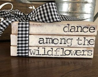 Into Books, Farmhouse Books, Buffalo Plaid Ribbon, Black And White Gingham, Wood Book, Shabby Chic Farmhouse, Book Stamp, Wooden Books, Book Stack