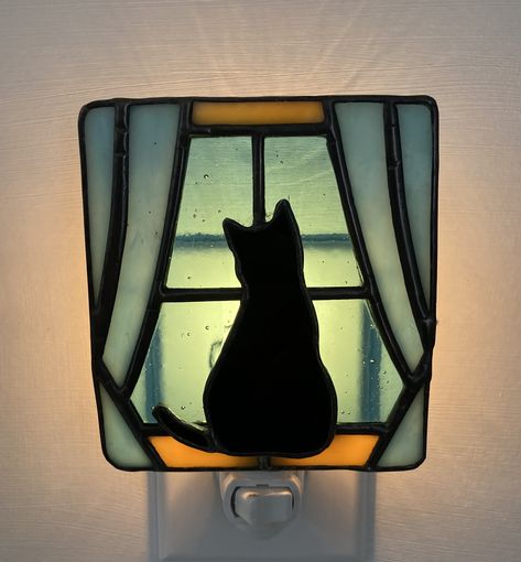 Stained Glass Cat, Sun Night, Stained Glass Night Lights, Glass Cat, Cat Silhouette, Dog Silhouette, Cat Sitting, Window Design, Dog Houses