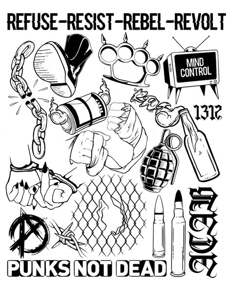 Tattoo Flash Sheet Aesthetic, Punk Flash Art, Blackwork Flash Sheet, Punk Flash Tattoo, Simple Punk Tattoos, Neotraditional Tattoo Flash Sheet, Blackwork Tattoo Flash Sheet, Tattoo Flash Sheet Ideas, Breastbone Tattoo