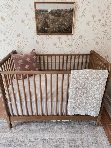 New England Style Nursery, Country Farmhouse Nursery, Vintage Floral Wallpaper Nursery, Vintage Crib Sheets, Antique Style Nursery, Vintage Chic Nursery, Vintage Wallpaper Nursery, Dark Wood Crib Nursery Girl, Vintage Cottage Core Nursery