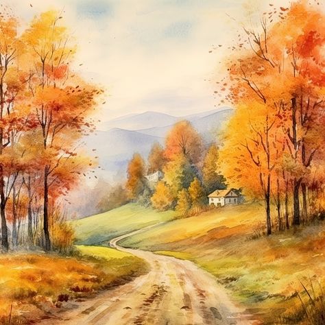 Digital Download of a Beautiful Watercolor Scene. Watercolor Landscape Tutorial, Landscape Painting Digital, Fall Landscape Painting, Fall Nature, Fall Trees, Watercolor Paintings For Beginners, Fall Watercolor, Autumn Nature, Watercolor Landscape Paintings