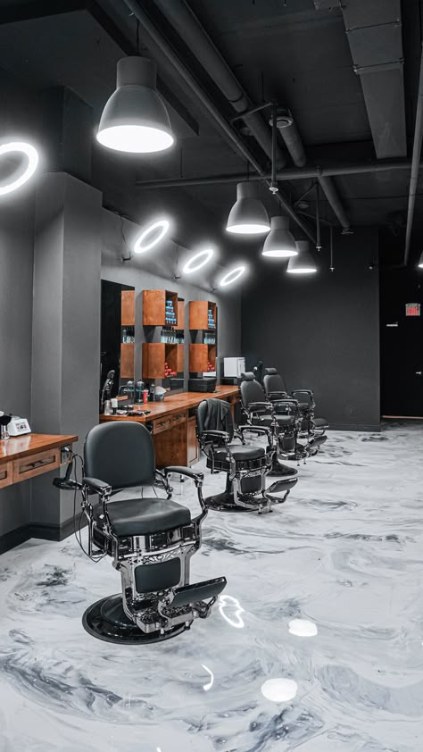 Barber Shop Architecture, Salon Barber Shop Ideas, Barber Shop Decor Modern Luxury, Barber Shop Interior Design Modern, Barber Shop Lighting Ideas, Modern Barbershop Design, Luxury Barbershop Interior Design, Barbershop Lighting Ideas, Barber Shop Decor Ideas Interior Design