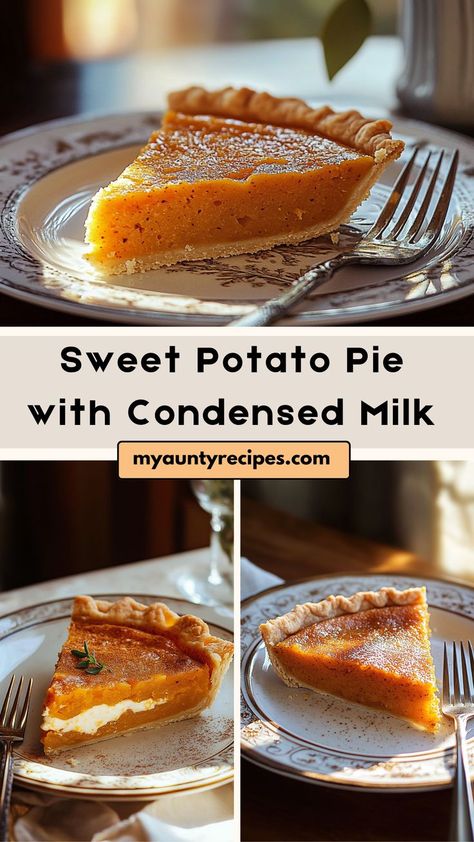 This Sweet Potato Pie with Condensed Milk is a rich and creamy twist on a traditional Southern dessert. The sweet potatoes are blended with condensed milk, warm spices, and a hint of vanilla, creating a silky-smooth pie filling that’s both sweet and comforting. Baked in a flaky pie crust, this dessert is perfect for holiday gatherings or any time you’re craving something sweet and homey. Pie With Condensed Milk, Sweet Potato Pie Southern, Southern Desserts, Flaky Pie Crust, Flaky Crust, Potato Pie, Sweet Potato Pie, Delicious Pies, Sweet Delights