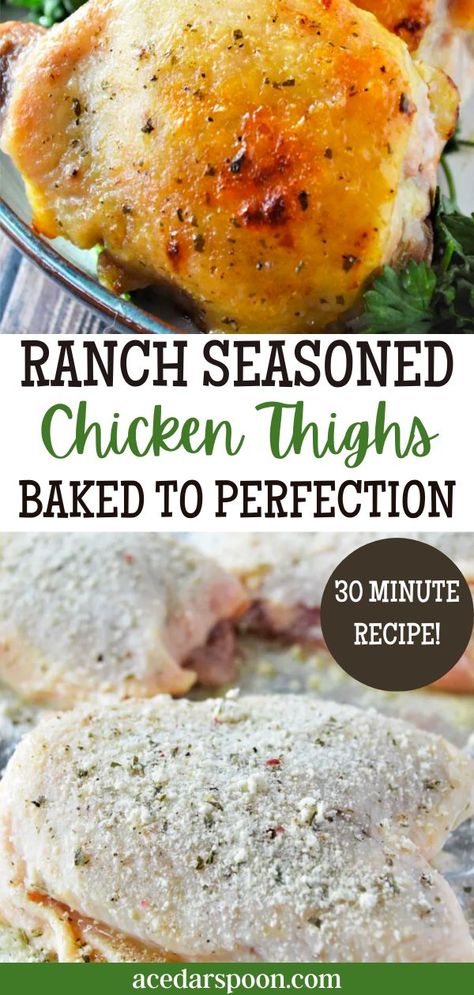 These oven baked ranch chicken thighs are a quick and easy weeknight meal that your whole family will love. With just a few simple ingredients, this dish is sure to become a regular on your dinner rotation. So put down the take-out menu and give these chicken thighs a try tonight! Chicken Thigh Quick Recipe, Chicken Leg Thigh Recipes Oven, Ranch Seasoning Baked Chicken, Cooked Chicken Thigh Recipes, Boneless Skinless Chicken Thigh Recipes Ranch Seasoning, Optavia Chicken Thigh Recipe, Weight Watcher Chicken Thigh Recipes, Ranch Chicken Legs In The Oven, Chicken Leg Thigh Recipes