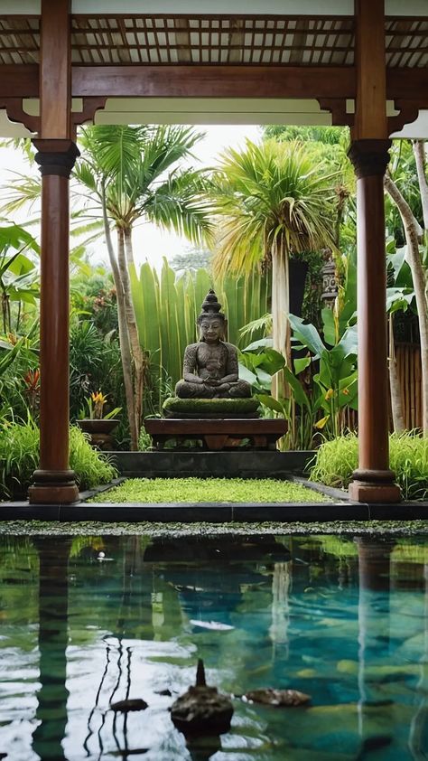 Bali Inspired Resort, Bali Garden Design, Bali Garden Ideas, Zen Architecture, Bali Outdoor, Bali Yoga Retreat, Pool Balcony, Bali Spa, Bali Garden