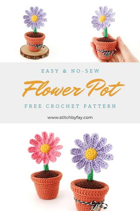 Easy and no-sew flower pots on a white background - free crochet pattern. Crochet Small Potted Plants, Cute Easy Crochet Projects Free, Free Succulent Crochet Pattern, Flower Pot Crochet Pattern Free, Crochet Gifts For Mum, Crochet Mothers Day Gifts, Crocheted Plants, Crochet Flower Pot, Crochet Plant Pot