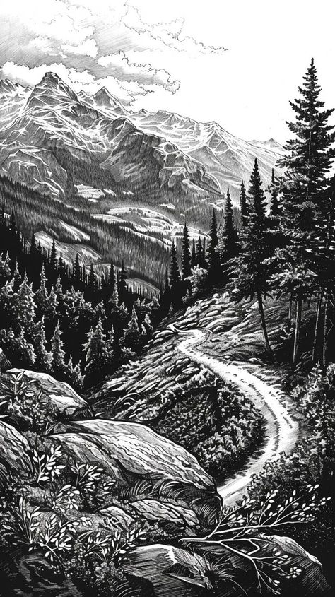 Mountain Scene Drawing, Drawing Of A Mountain, Realistic Pencil Drawings, Scene Drawing, White Drawing, Mountain Scene, Black And White Drawing, Pencil Drawings, A Black