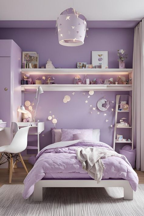 Lilac Childrens Bedroom, Lilac Walls Bedroom Ideas, Cute Room Ideas Purple, Cute Purple Bedroom Ideas, Purple Childrens Bedroom, Purple Girls Room Ideas, Small Size Bedroom Ideas, Purple Girls Bedroom Ideas, Girls Pastel Bedroom Ideas