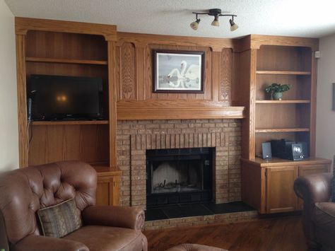 Fireplace/Built-ins Before and After Bookshelves Around Fireplace, Original Fireplace, Painted Built Ins, Fireplace Bookcase, White Built Ins, Built In Around Fireplace, Painted Brick Fireplace, Fireplace Bookshelves, Oak Fireplace