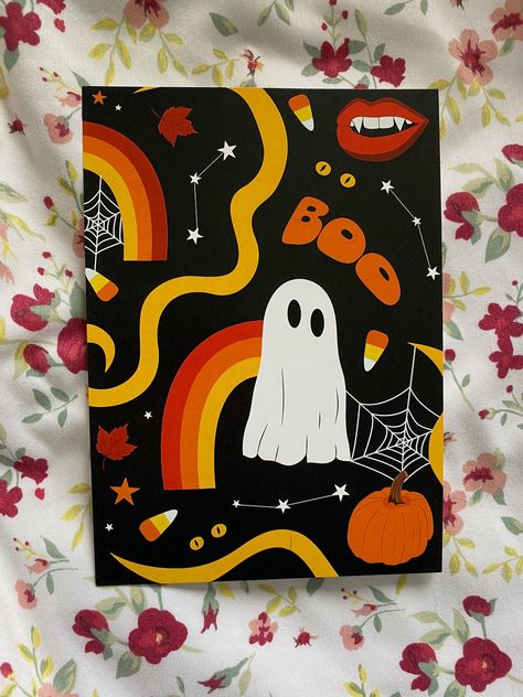 Halloween Print of a ghost saying Boo! It is 5x7 with a matte finish on cardstock. Halloween Cow Painting, Halloween Art Inspo Easy, Fall Halloween Canvas Painting, October Painting Ideas Easy, Cute Spooky Painting Ideas, Mushroom Ghost Painting, Spooky Season Painting Ideas, Random Canvas Painting Ideas, Posca Canvas Ideas