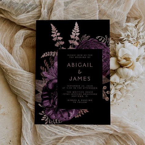 This elegant, moody wedding invitation features a lush, romantic floral bouquet in purple with rose gold faux foil and glitter foliage on a black background. Customize the rose pink text in stylish fonts on a black rectangle. The back of the card is solid black. Black And Purple Wedding, Rose Gold Wedding Invitation, Moody Wedding Invitations, Dark Purple Wedding, Rose Gold Wedding Invitations, Plum Wedding, Gold Wedding Invitation, Purple Wedding Theme, Purple Wedding Invitations