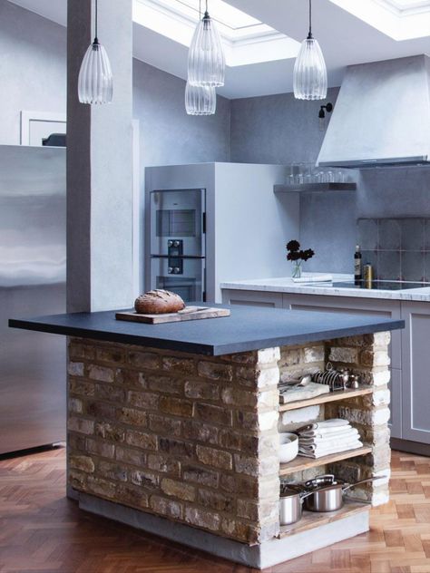 Brick Kitchen Island, Brick Kitchen Ideas, Cement Kitchen, Build Kitchen Island, Bold Kitchen, Condo Living Room, Kitchen Island Ideas, Kitchen Decorating Ideas, Brick Kitchen