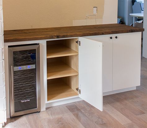 DIY bar with wine fridge. Ikea hack.                                                                                                                                                     More Building A Bar, Armoire Ikea, Ikea Bar, Home Bar Cabinet, Jenna Sue, Diy Home Bar, Built In Bar, Bar Fridges, Bar Cart Decor