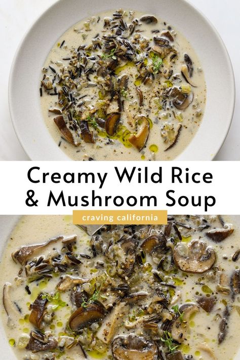 Two bowls of wild rice soup in white bowls, speckled with roasted mushrooms, drizzles of olive oil and fresh thyme leaves Wild Rice And Mushroom Soup, Vegan Wild Rice, Mushroom Soup Recipe, Mushroom Soup Recipes, Hearty Soup, Vegan Soup Recipes, Wild Rice Soup, Vegetarian Soup, Rice Soup