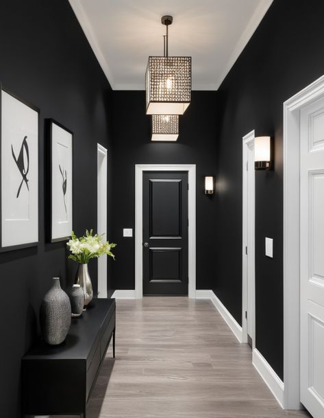 Black Wall End Of Hallway, Black Hallways And Stairs, Dark Color Hallway, Modern Entryway Flooring Ideas, Black Wall Hallway, Hallway Ideas Black And White, Dark Grey Hallway Ideas, White And Black Hallway, Black Doors Hallway