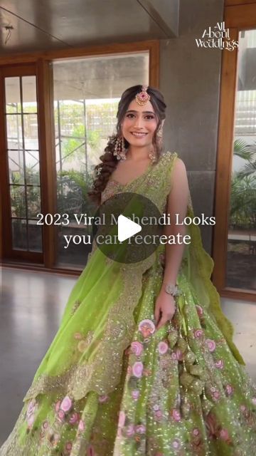 All About Weddings on Instagram: "Viral Mehendi Looks that turned heads and left everyone in awe!!💚 Share this reel with a Bride to be! Credits- @itikaarora @meerasakhrani @gouriikumar @parulgargmakeup @facesbychaitalisengupta @sucheetah @makeupbymausam @shrutibhattmakeup #mehendilook #mehendifunction #indianoutfits #weddingoutfits #trendingoutfits #allaboutweddings" Lehenga For Mehendi Function Bride, Mehendi Lengha Bridal Lehenga, Bridal Lehenga For Mehendi, Mahendi Lahenga For Bride, Bride Mehendi Outfit, Unique Mehendi Outfits For Bride, Mehendi Looks For Bride, Mehendi Outfits For Bride, Lehenga Look