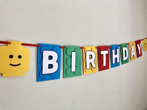 Lego Theme Birthday Banner Lego Inspired Party Decorations Lego Birthday Banner, Lego Themed Birthday Party, Lego Party Decorations, Lego Themed Party, Lego Theme, Spongebob Cake, Lego Activities, Lego Birthday Party, Happy Birthday Lettering