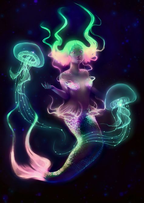 Bioluminescent Mermaid, Glowing Mermaid, Diy Resin Wall Art, Facebook Background, Green Tattoos, Shape Shifter, Jellyfish Art, Mermaid Drawings, Creatures Art