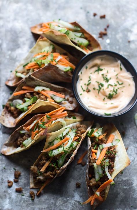 Mini Banh Mi Wonton Tacos - Cooking for Keeps Wonton Tacos, Organized Clutter, Mini Hamburgers, Spring Roll Recipe, For Keeps, Pickled Veggies, Banh Mi, Asian Dishes, Fresh Veggies