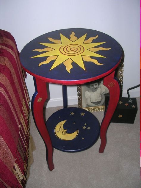 Sun And Moon Themed Room, Whimsigoth Side Table, Moon And Stars Room Decor, Whimsigoth Nightstand, Whimsigoth Table, Celestial Room Aesthetic Bedroom, Sun Moon Decor, Sun And Moon Mirror, Sun And Moon Bedroom Theme