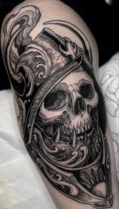 Medieval Armor Tattoo, Skeleton Knight Tattoo, Paladin Tattoo, Skull Knight Tattoo, Medieval Knight Tattoo, Dark Knight Tattoo, Medieval Tattoo Ideas, Knight Tattoo Design, Plague Doctor Tattoo