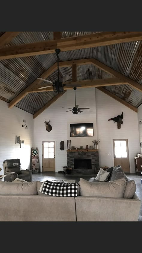 Metal Building Interior Ideas, Barndominium Great Room, Pole Barn House Interior, Barndominium Homes Interior, Bardominum Ideas, Metal Building Homes Interior, Barndominium Living Room, Barn House Floor Plans, Metal Building Homes With Shop