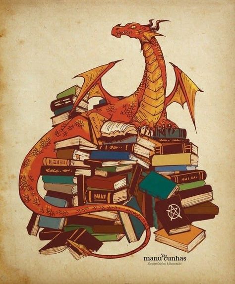 Book Wyrm Tattoo, Dragon Hoarding Books, Dragon Hoard Tattoo, Dragon And Book Tattoo, Library Dragon, Reading Dragon, Dragon Reading, Dragon Books, Concept Art Landscape