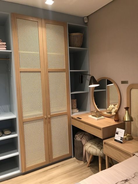 Rattan Built In Wardrobe, Scandavian Bedroom, Ratan Bedrooms Idea, Rattan Wardrobe Doors, Steel Bed Design, Apartemen Studio, Rattan Bedroom, Home Office Furniture Design, Cane Webbing