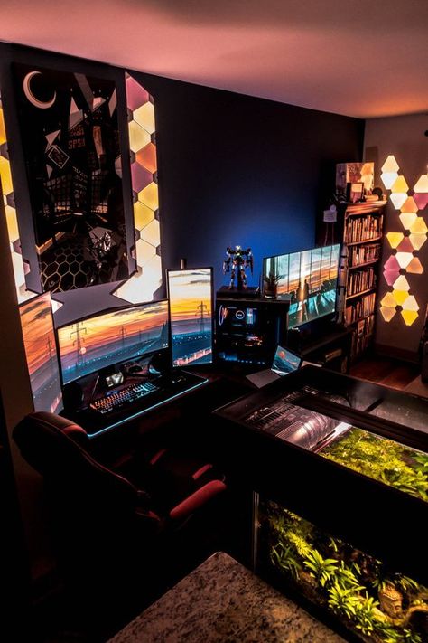 Computer Gaming Room, Video Game Room Design, Pc Gaming Setup, Video Game Rooms, Interior Design Guide, Bedroom Setup, Computer Room, Gaming Room Setup, Gamer Room