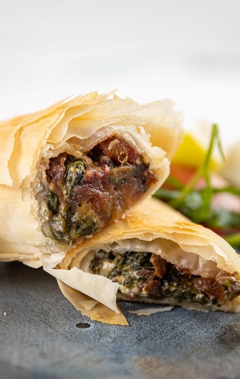 Date, Goats Cheese and Spinach Fillo Roll — Antoniou Fillo Pastry Filo Pastry Dessert, Filo Parcels, Filo Pastry Recipes, Pastry Dinner, Phyllo Dough Recipes, Phyllo Recipes, Spinach Rolls, Filo Pastry, Pastry Recipe