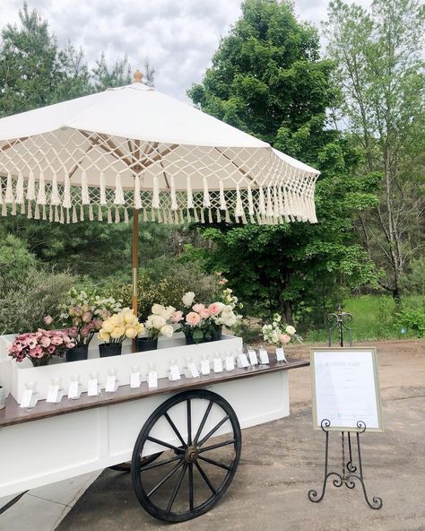 Cart With Umbrella, Fringe Umbrella Wedding, Wedding Shower Flower Cart, Antique Flower Cart, Flower Bike Cart, White Sun Umbrella Wedding, Flower Farming, Instagram Flowers, Outdoor Party Decorations