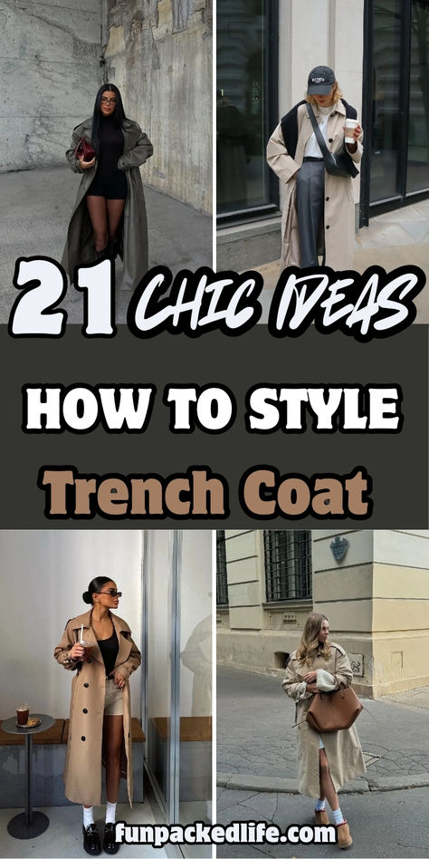 Discover 21 chic ways to style a trench coat for any occasion! Whether you’re aiming for a casual or sophisticated look, these outfit ideas will elevate your wardrobe. Explore timeless, versatile styles with this essential piece. 👗✨ Want more fashion inspiration? Check out our blog for styling tips and tricks! Women Trench Coat Outfits Classy, How To Style Trench Coat In Winter, Women’s Trench Coat Outfits, Trench Coat For Short Women, Trench With Hoodie Outfit, Houndstooth Trench Coat Outfit, How To Style A Trench Coat Casual, Trench Coat And Sneakers Outfit, Trench Coat With Boots