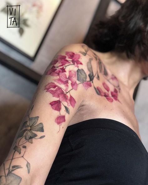 Bougainvillea Flower Watercolor, Bougainvillea Tattoo, Frida Tattoo, Tattoo Fixes, Bougainvillea Flower, Mastectomy Tattoo, Rose Tattoos For Women, Tattoos Inspiration, Floral Tattoo Design