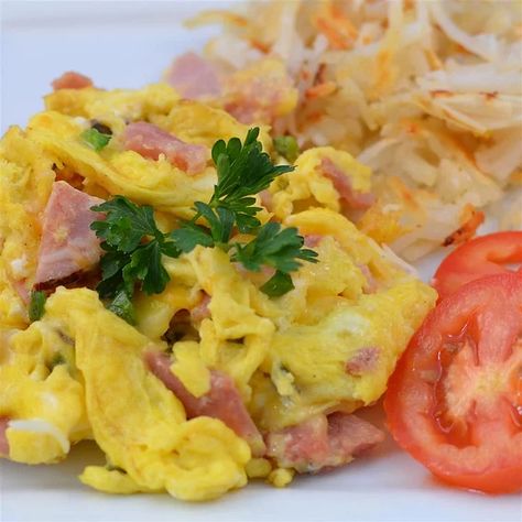 Sharon's Egg and Ham Scramble Recipe | Allrecipes Egg For Breakfast, Ham And Cheese Omelette, Scrambled Eggs With Cheese, Grilled Ham And Cheese, Ham Breakfast, Protein Rich Breakfast, Scrambled Eggs Recipe, Grilled Ham, Brunch Bread