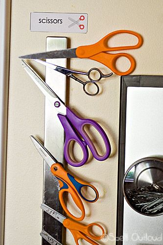 The scissors still need to be under lock and key to keep kiddos and hubby from using them for "other things", but using a magnetic strip to store scissors is genius. Diy Sy, Dream Craft Room, Craft Room Design, Sewing Room Organization, Scrapbook Room, Sewing Space, Craft Area, Office Crafts, Craft Room Storage