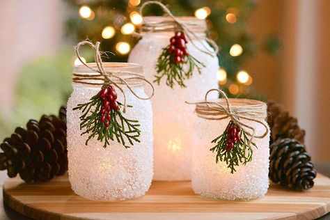 Christmas Mason Jars With Fairy Lights, Ice Luminaries, Stick Fairy, Ice Lanterns, French Eggs, Leaf Lantern, Jar Salads, Christmas Candles Diy, Jar Salad