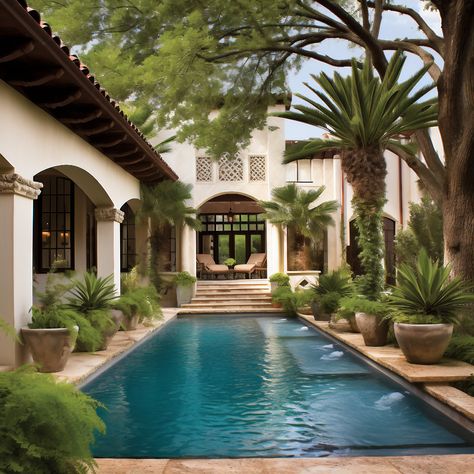 Mediterranean inspired oasis Mediterranean House With Pool, Courtyard Design With Pool, Swimming Pool Mediterranean, Mediterian Houses Italian Style, Mediterranean Guest House, Spanish House Pool, Big Mediterranean House, Spanish Swimming Pool, Greek Mediterranean Homes