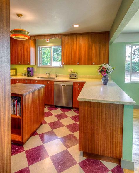 Drew and Amy's atomic inspired kitchen remodel in a 1960 parsonage - Retro Renovation Atomic Ranch Kitchen, Jim Pickens, Mid Century Modern Kitchen Renovation, Atomic Kitchen, Retro Kitchen Appliances, 1960s Home Decor, 1960s Kitchen, Mcm Kitchen, 1960s Home