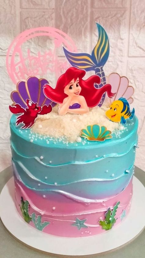 Mermaid Themed Cake Ideas, Mermaid Theme Cake Design, Simple Ariel Cake, Ariel Bday Cake, Ariel Birthday Cake Simple, Princess Mermaid Cake, Ariel Birthday Cake Ideas, Ariel Theme Cake, Cake Ariel Mermaid