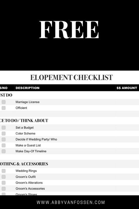 Free Elopement / Small Wedding Checklist! Printable checklist to help you plan your elopement or small wedding from your top to-do items, to ceremony, reception, honeymoon, and everything in between! #eloping #letselope #elopementplanner #elopementchecklist #elopementplanningchecklist #printableplanner #elopementideas Small Wedding Checklist, Honeymoon Planning Checklist, Complete Wedding Checklist, Wedding Checklist Budget, Wedding Checklist Printable, Planning A Small Wedding, Honeymoon Locations, Checklist Printable, How To Elope