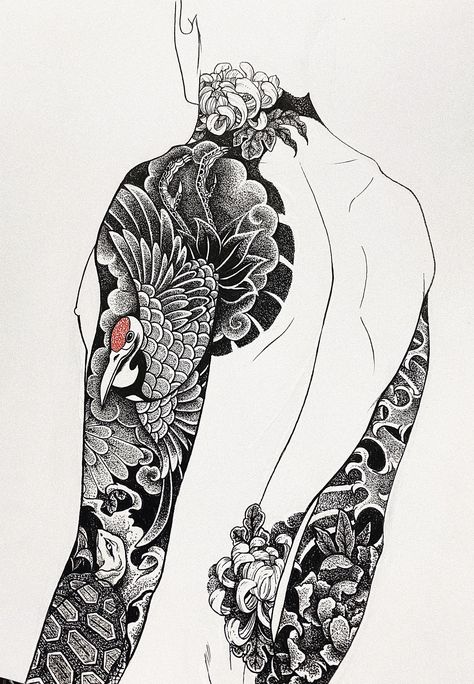 Asian Tattoo Sleeve Japanese Style, Full Sleeve Tattoos Drawings, Irezumi Half Sleeve, Traditional Japanese Tattoos Yakuza, Geometric Japanese Tattoo, Japanese Full Sleeve Tattoo Design, Japanese Half Sleeve Tattoo Design, Yakuza Back Tattoo, Yakuza Style Tattoo