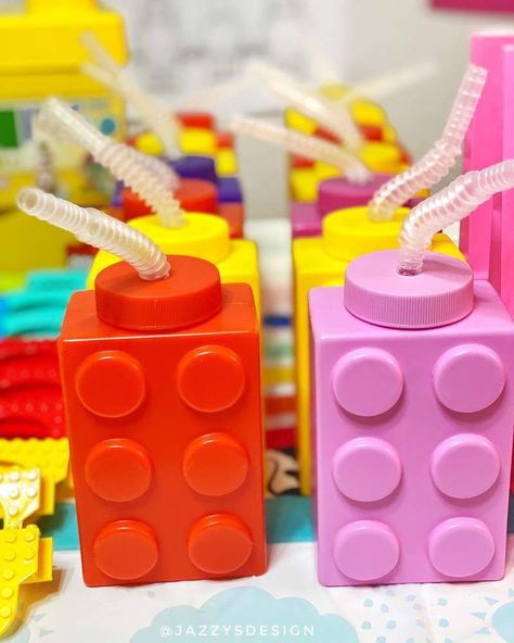 Bright Lego Party | CatchMyParty.com Lego Themed Birthday Party Girl, Lego Party Favors For Kids Birthday, Lego Pool Party, Lego Birthday Party Balloons, Girl Lego Birthday Party, Girly Lego Birthday Party, Lego Party Balloons, Lego Party Ideas, Lego Girls Birthday Party