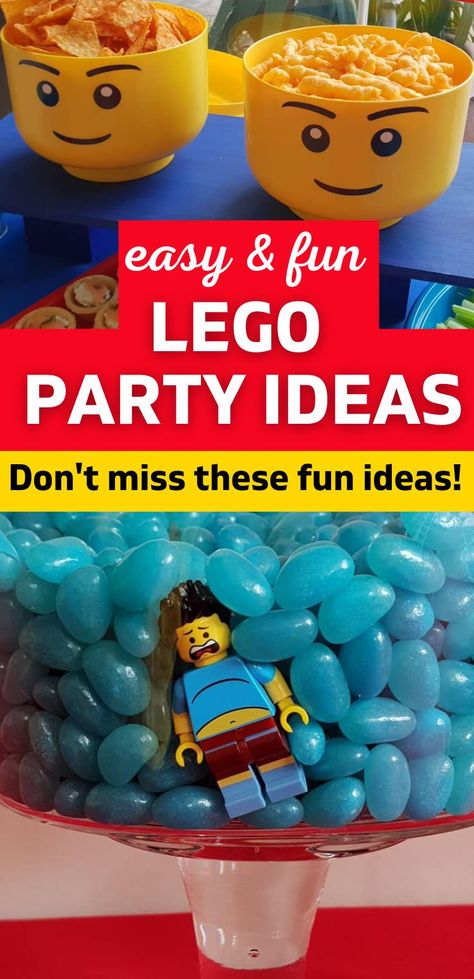 Lego party ideas Lego Birthday Theme Ideas, Lego Movie 2 Birthday Party, Kids Lego Party Ideas, Lego Sleepover Party, Lego Diy Birthday Ideas, Lego Photo Booth Props Free Printable, Legoland Party Ideas, 10th Birthday Food Ideas, Lego Party Snack Ideas