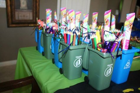 trash or garbage truck favors- trash cans from amazon Garbage Truck Party Ideas, Trash Can Party Favors, Trash Truck Birthday Party Favors, Trash Bash Party Favors, Recycle Truck Birthday Party, Garbage Truck 3rd Birthday Party, Waste Management Birthday Party, Trash Truck Party Favors, Garbage Truck Party Favors