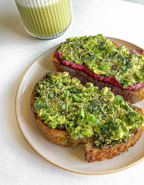 Avocado Toast Two Ways - homemade pesto & beet hummus - Easton Gilowski Hummus Toast, Thai Peanut Sauce, Salad Rolls, Healthy Chocolate Chip Cookies, Beet Hummus, Healthy Chocolate Chip, Homemade Pesto, Arugula Salad, Photographing Food