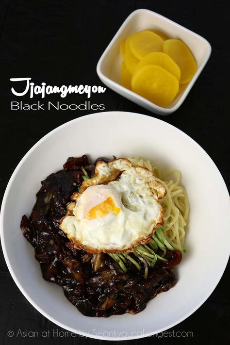 Jjajangmeyon Korean Black Bean Noodles Recipe & Video - Seonkyoung Longest Black Bean Noodles Korean, Doenjang Recipe, Asian At Home, Noodles Korean, Riblets Recipe, Chinese Noodle Dishes, Black Noodles, Black Bean Noodles, Bean Noodles