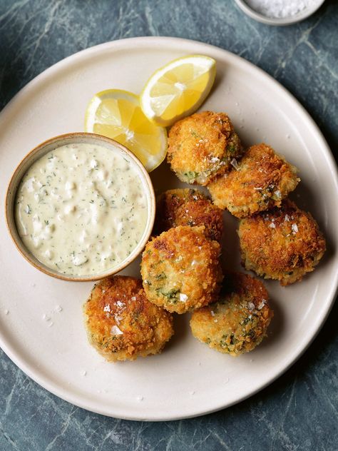 Fishcake recipes Prawn Cakes, Dill Mayo, Tartare Sauce, Celebrity Chef Recipes, Tapas Recipes, Prawn Recipes, Delicious Magazine, Small Food Processor, Fish Cake